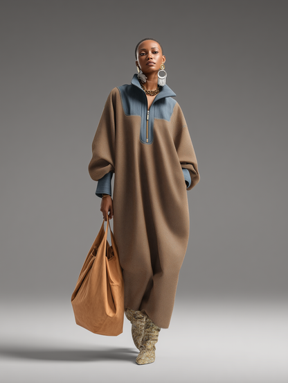 Women's Brown Double-Sided Brushing and Blue Denim Stand Collar Loose-Fitting Long Dress MDA0366K1T