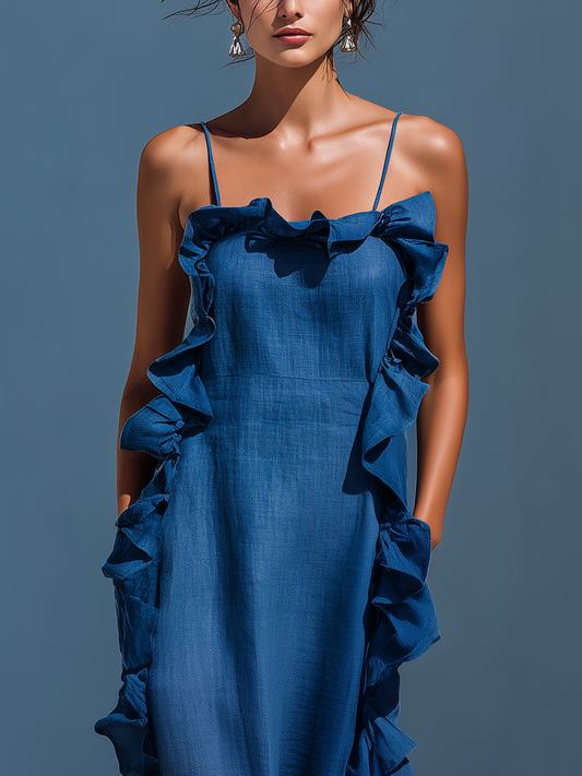 Women’s Blue Linen-Blend Spaghetti Strap Ruffle Trim Maxi Dress With Slit MDZ2407D1T