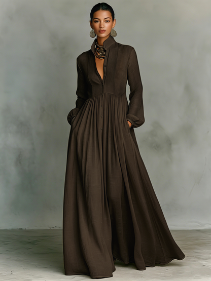 Women's Minimalist Cotton And Linen Patchwork Single-breasted Stand-up Collar Long-sleeved Maxi Dress MDA0658K6Y