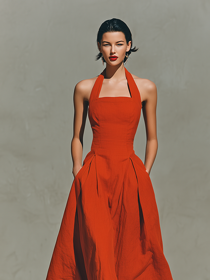Women's Red Linen Maxi Dress With Halter Neck & Pleated Skirt, Timeless Elegant-Resort Style Dress MDZ2016C7I