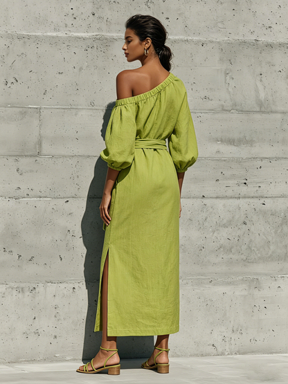 Women’s Lime Green Linen-Blend Off-The-Shoulder Puff Sleeve Tie Waist Midi Dress With Side Slit MDZ1150F0T