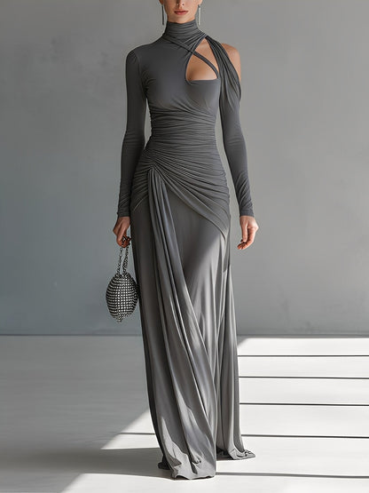 Women's Grey Silky Stretch Sophisticated Ruched Detail Cut-Out Maxi Dress MDA0546K6I