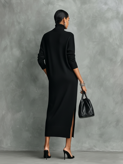 Women's Elegant Black Knitted Turtleneck Long-sleeved Loose-fitting  Midi Dress With No Pockets MDA1974L7AN