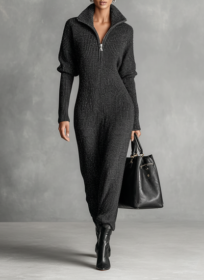 Women's Minimalist Solid Color Zipper Neck Knitted Maxi Dress MDA1633J4Y
