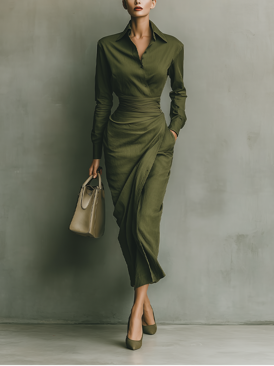 Women's Army Green Cotton Blended Maxi Dress MDA2281I8T
