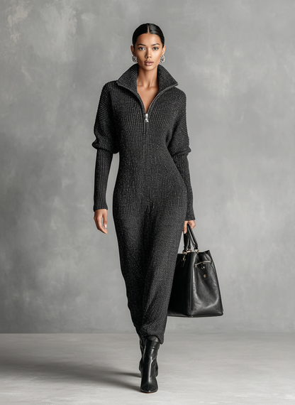 Women's Minimalist Solid Color Zipper Neck Knitted Maxi Dress MDA1633J4Y