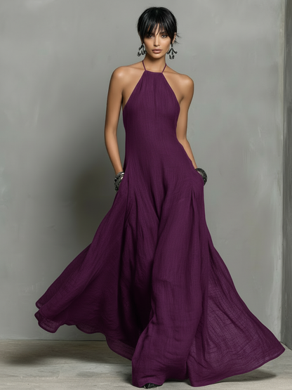 Women's Minimalist Linen Blend Halter Neck Sleeveless Maxi Dress MDZ2210A0Y