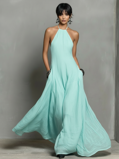 Women's Minimalist Linen Blend Halter Neck Sleeveless Maxi Dress MDZ2210A0Y
