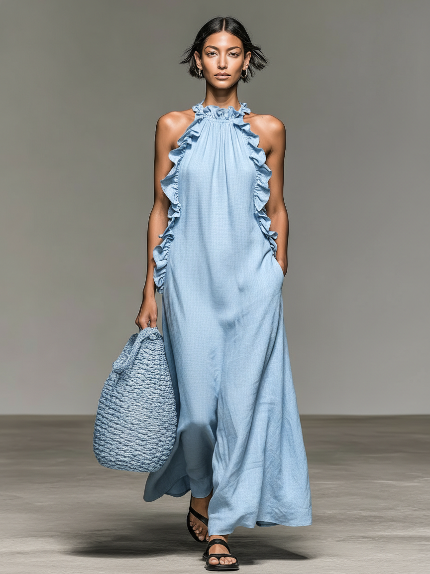 Women's Minimalist Linen-blend Sleeveless Maxi Dress With Ruffle Details MDZ1622A0Y