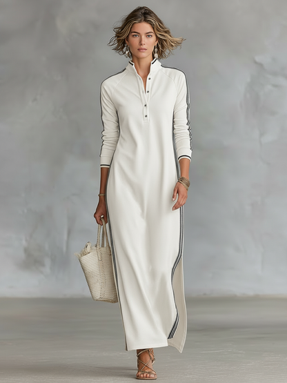 Women's Minimalist White-trimmed Button-down Collar Sweatshirt Maxi Dress MDA0958L0Y