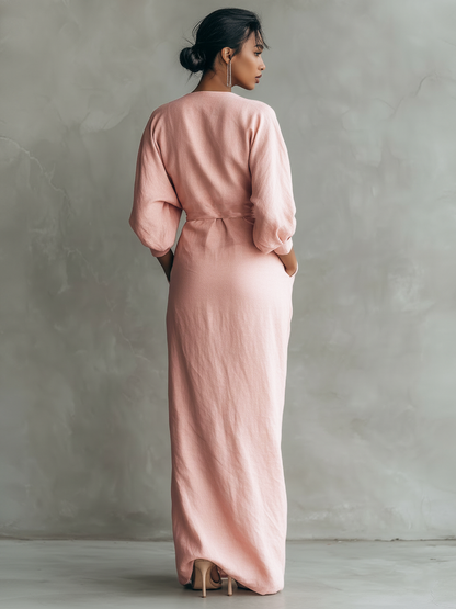 Women's  Pink Minimalist V-neck Linen Blend Maxi Dress MDA1655L0Y