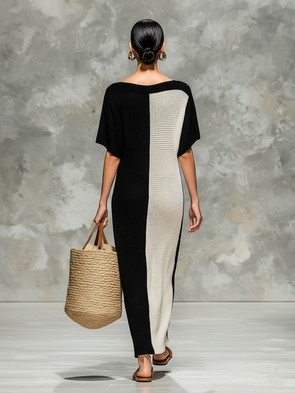 Women's Minimalist Knitted Boat Neck Short-sleeved Maxi Dress MDZ0969A4Y