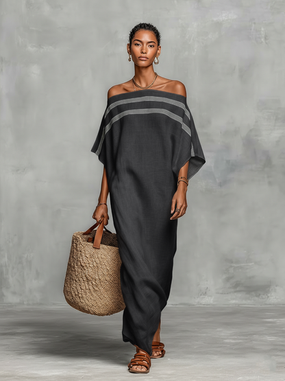 Women's Minimalist Linen Blend Off-the-shoulder Batwing Sleeve Straight-cut Maxi Dress MDZ0949A8Y