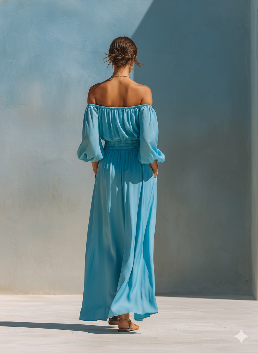 Women’s Sky Blue Off-the-Shoulder Puff Sleeve Smocked Waist High Slit Maxi Dress With Pockets MDZ2191D7T