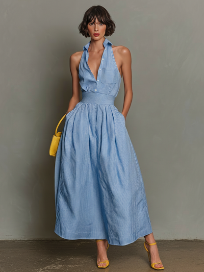 Women's Minimalist Striped Lapel Sleeveless Maxi Dress MDZ1099D5Y