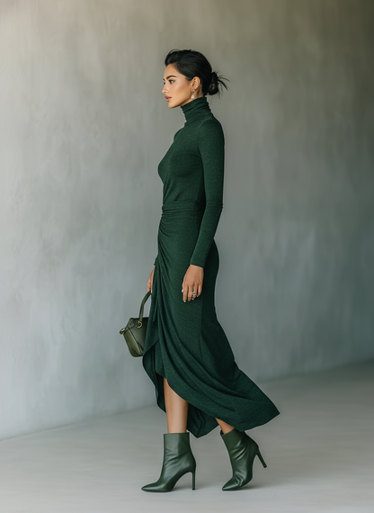 Women's Dark Green High-elastic Knitted High-neck Wrap Dress Midi Dress MDA2023J2T