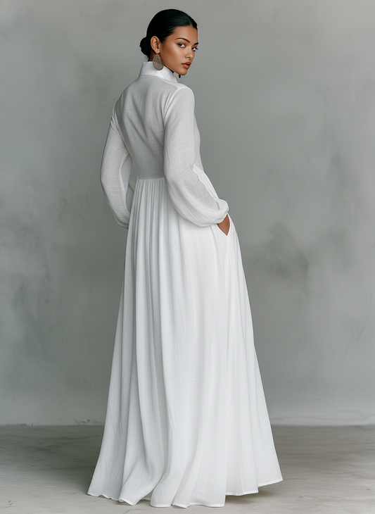 Women's Minimalist Cotton And Linen Patchwork Single-breasted Stand-up Collar Long-sleeved Maxi Dress MDA0658K6Y