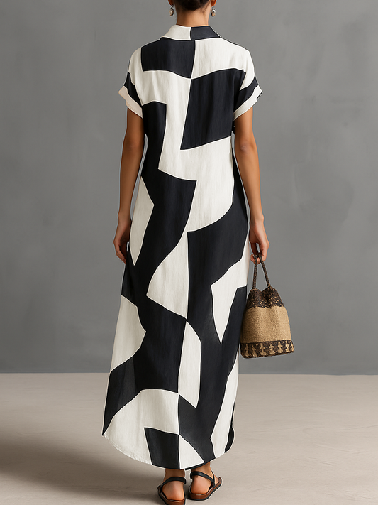 Women's Cotton And Linen Blend Irregular Geometric Print Lapel Single-Breasted Short-Sleeved Maxi Shirt Dress MDA1689G1Y