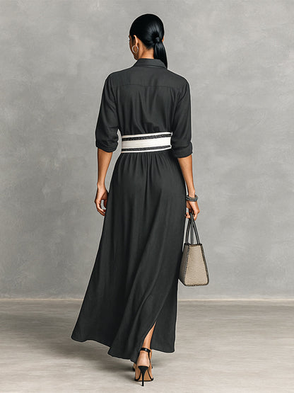 Women's Imitation Cupro Fabric Lapel Single-breasted Long-sleeved Waist Maxi Dress MDA2258G6Y