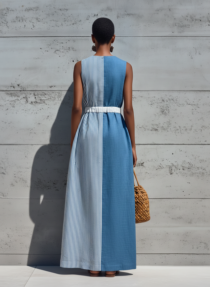 Women’s Color Block Cotton-Linen Striped Linen Sleeveless Maxi Dress With Drawstring Waist & Pockets MDZ0231F6T