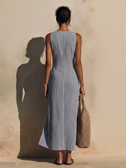 Women's Blue-White Striped Cotton-Blend Maxi Dress With Blazer Style & Double-Breasted, Timeless Nautical Casual Dress MDZ1388E5LYL