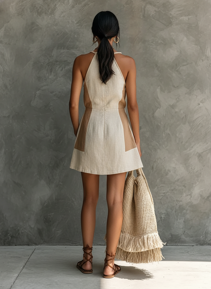 Women's Casual Off-White And Khaki Color-Blocked Cotton And Linen Halter Neck Fitted Waist Mini Dress MDZ1598F1GMJ