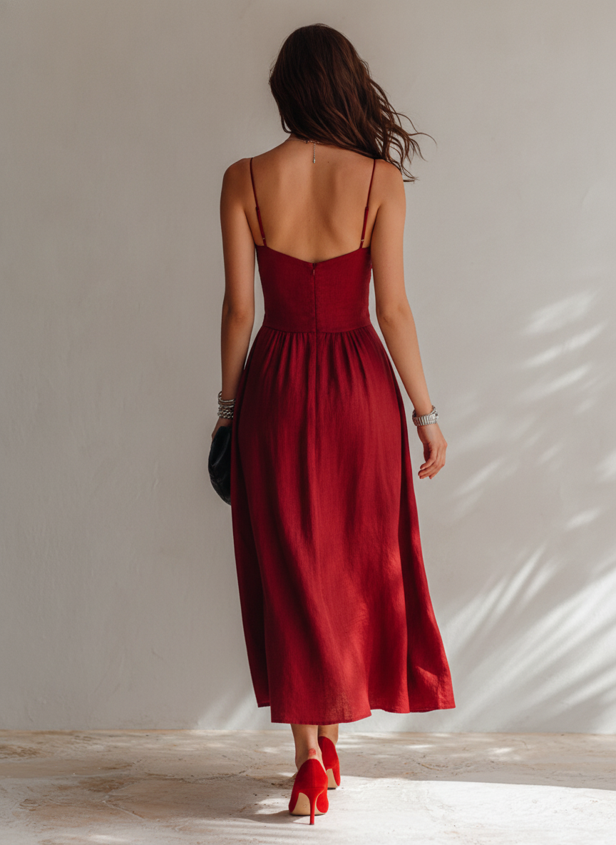 Women’s Minimalist Linen-Blend Ruched Spaghetti Strap Midi Dress MDZ2166E9ZRK