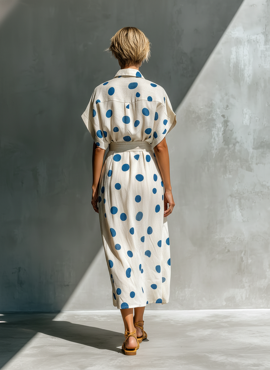 Women’s Off-White Linen-Blend Polka Dot Shirt Dress With Waist Cincher & Pockets MDZ2481D3T