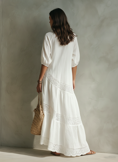 Women's Casual White Woven Midi Dress With A Round Neck And Mid-length Sleeves MDZ2601F8LXY