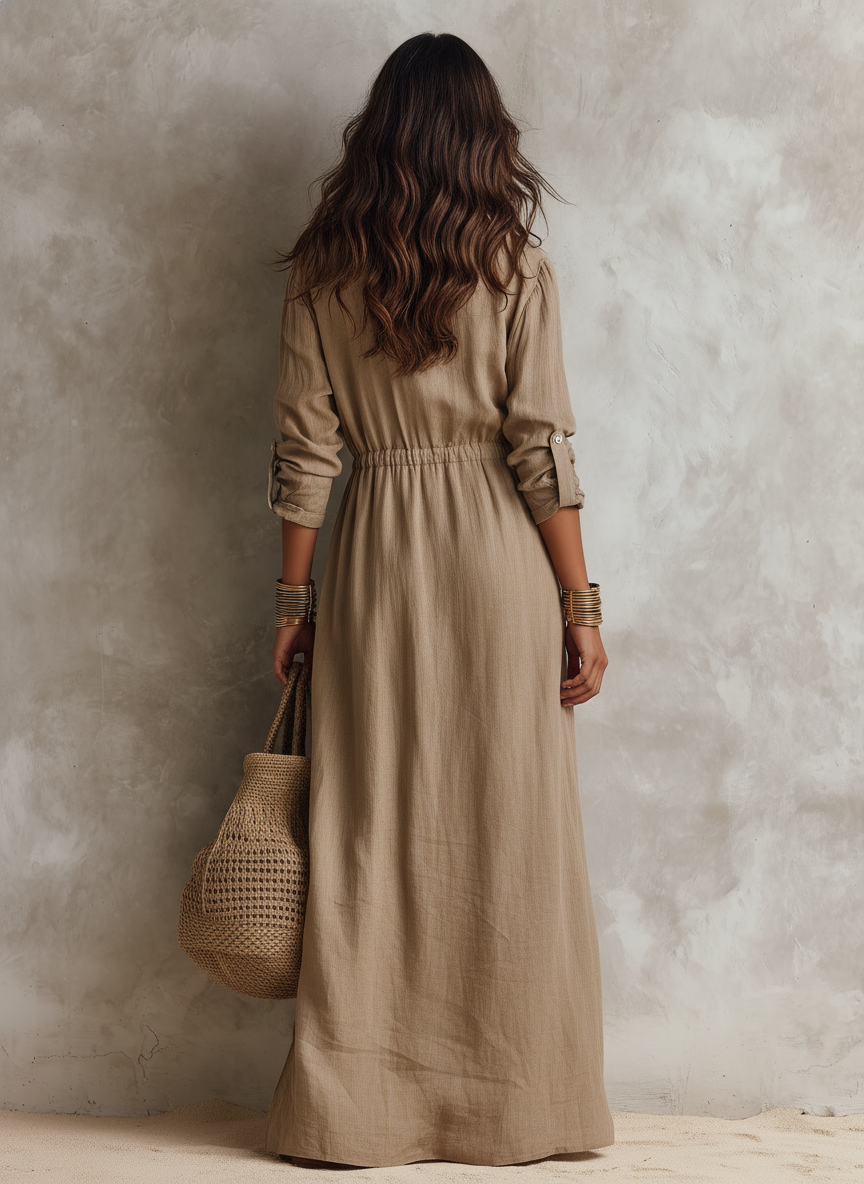 Women's Casual Camel-colored Cotton-linen Long-sleeved Maxi Dress MDZ2617F4LXY