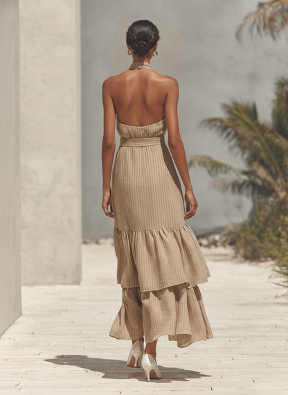 Women's Minimalist Khaki Vertical-Stripe Halter Maxi Dress MDZ2626F0ZRK