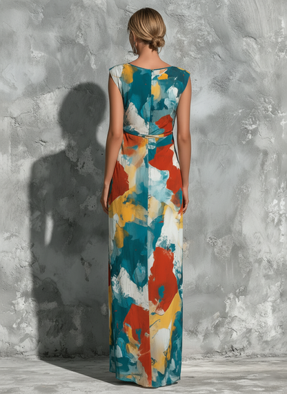Women’s Abstract Oil Painting Print Round Neck Sleeveless Self Waist Flowy Maxi Dress MDZ2647F9T