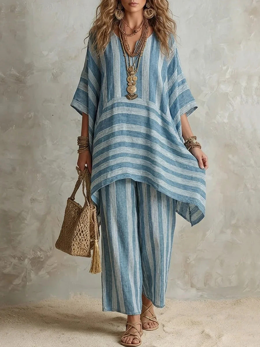 Striped Poncho Top & Wide-Leg Pants Set