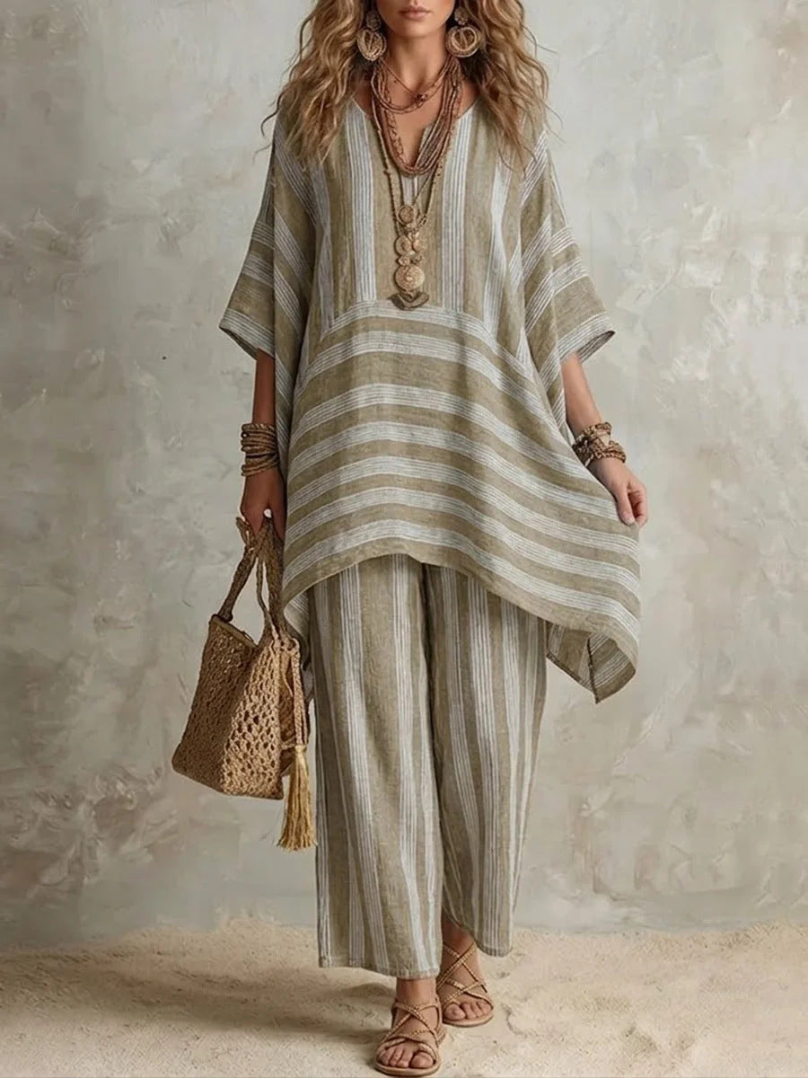 Striped Poncho Top & Wide-Leg Pants Set