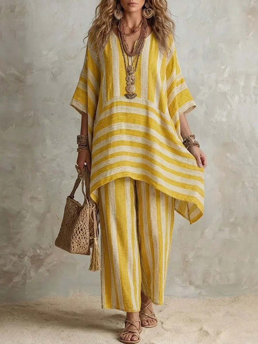 Striped Poncho Top & Wide-Leg Pants Set