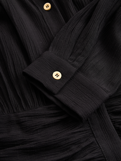 Women's Imitation Cotton And Linen Pleated Lapel Single-breasted Long-sleeved Maxi Dress MDA1768I7Y