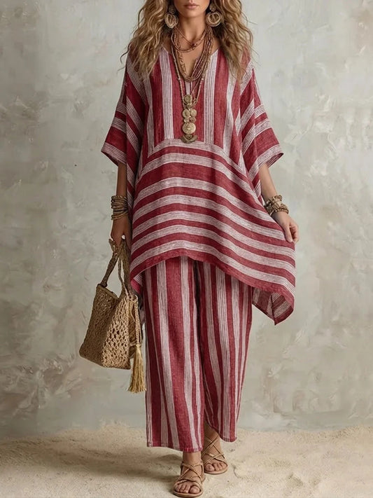 Striped Poncho Top & Wide-Leg Pants Set