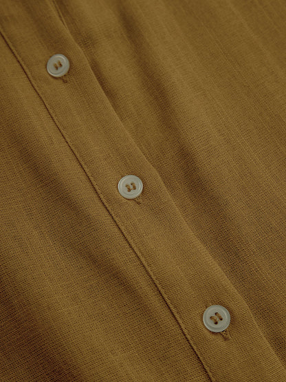 Women's Mustard Elegant Linen Blended Button - Front Belted Midi Shirt Dress MDA1800I6I