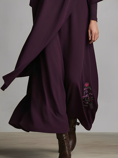 Women's Plum Draped Cotton-Blend Jersey Elegant Turtleneck Embroidered Maxi Dress MDA1202K8I