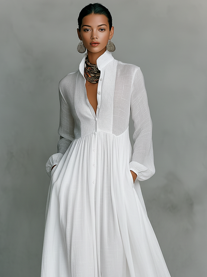 Women's Minimalist Cotton And Linen Patchwork Single-breasted Stand-up Collar Long-sleeved Maxi Dress MDA0658K6Y