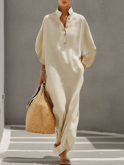 Women's Oatmeal Linen Dress With Mandarin Collar & Dolman Sleeves, Timeless Resort-Casual Style Dress MDZ0552B1I