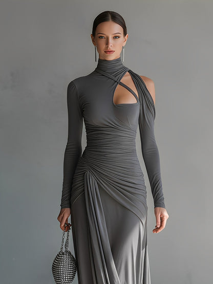 Women's Grey Silky Stretch Sophisticated Ruched Detail Cut-Out Maxi Dress MDA0546K6I