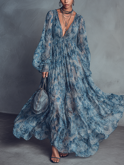 Women's Bohemian Style Blue Floral Print V-Neck Lantern Sleeve Chiffon Maxi Dress MDZ1067B8BA