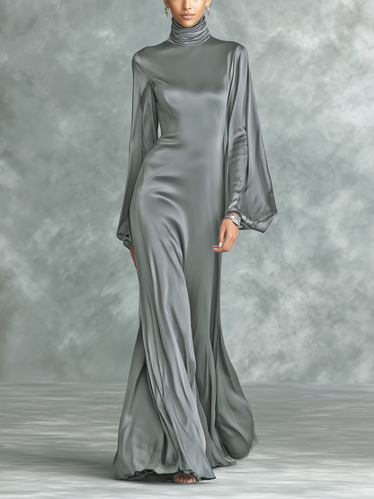 Women's Fashionable Grey Satin High-neck Long-sleeved Loose-fitting Maxi Dress MDZ0690A0AN